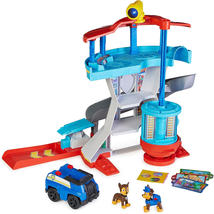 Paw Patrol Lookout Tower Spielset mit Spielzeugauto-Werfer, 2 Chase-Actionfiguren,