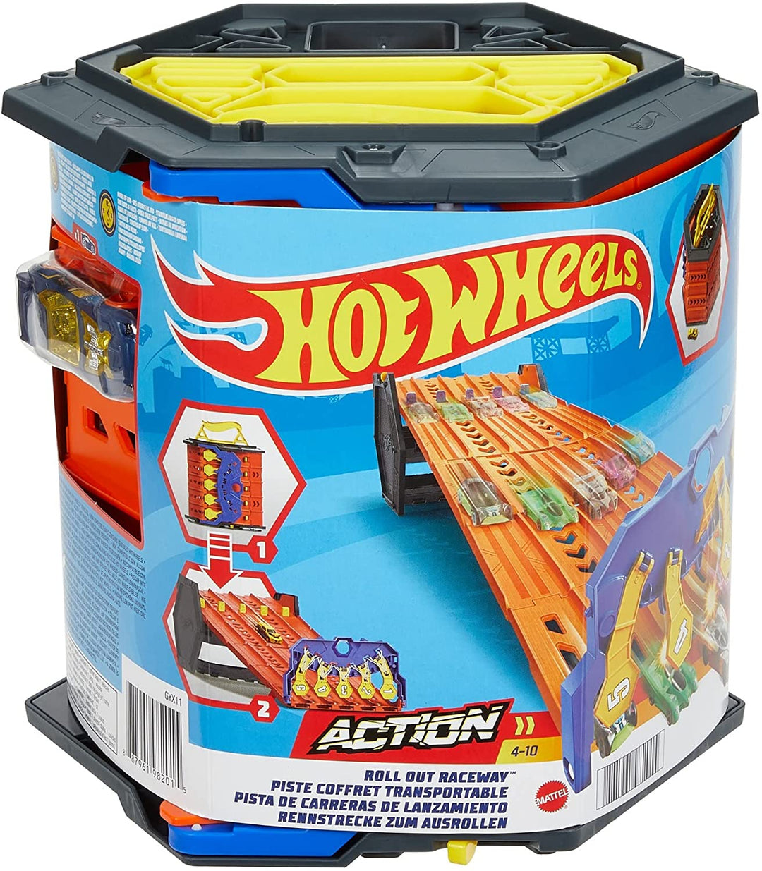 Hot Wheels Roll Out Raceway Track Set, Aufbewahrungseimer lässt sich in eine 5-spurige Rennstrecke für das Spielen mit mehreren Autos ausrollen, lässt sich mit anderen Sets verbinden