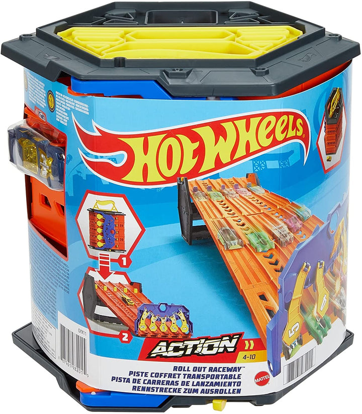 Hot Wheels Roll Out Raceway Track Set, Aufbewahrungseimer lässt sich in eine 5-spurige Rennstrecke für das Spielen mit mehreren Autos ausrollen, lässt sich mit anderen Sets verbinden