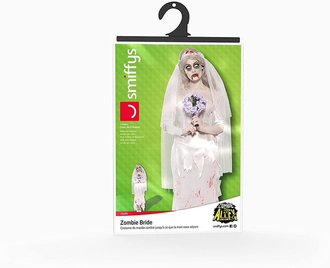 Smiffy's Damen 23295 Kostüme Till Death Do Us Part Zombie-Brautkostüm, Kleid, Schleier und Blumenstrauß, Zombie Alley, Weiß (Blanc), S