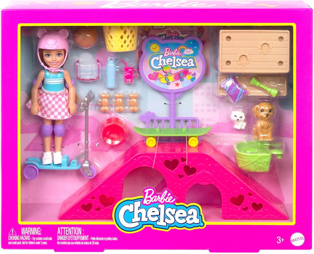 ?Barbie-Spielzeug, Chelsea-Puppe und Zubehör, Skatepark-Spielset mit 2 Welpen, Sk