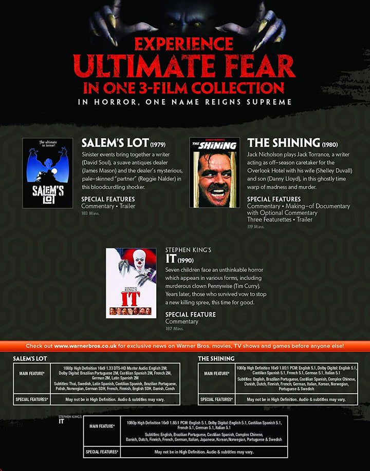 King Of Horror Collection [IT (1990)/The Shining/Salem's Lot] [Stephen King] [2017] [Region Free] – [Blu-ray]