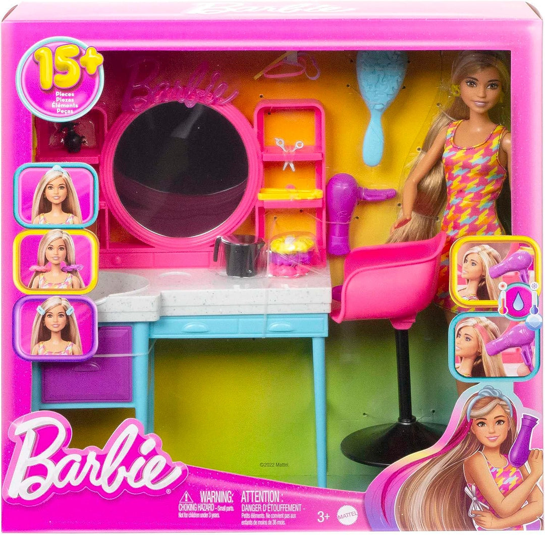 Barbie-Puppe und Friseursalon-Spielset, lange Haare mit Farbwechsel, Hahnentrittmuster Dr
