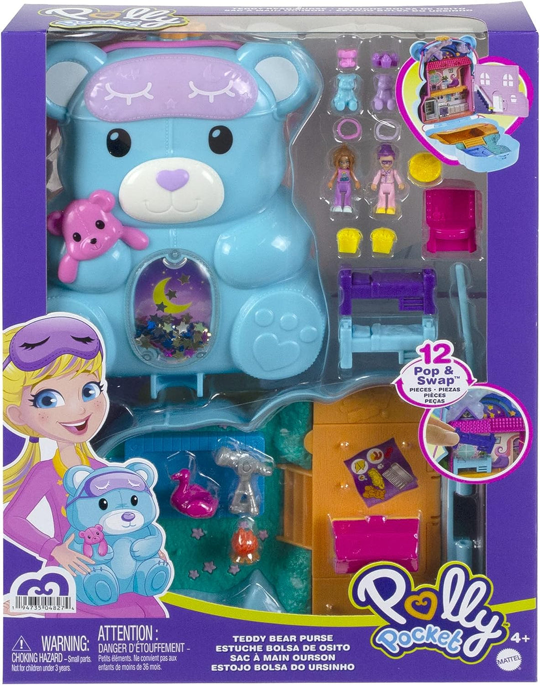 Polly Pocket Teddybär-Geldbörse, kompakt, 2 Mikropuppen, 16 Zubehörteile, Pop &amp; Swap