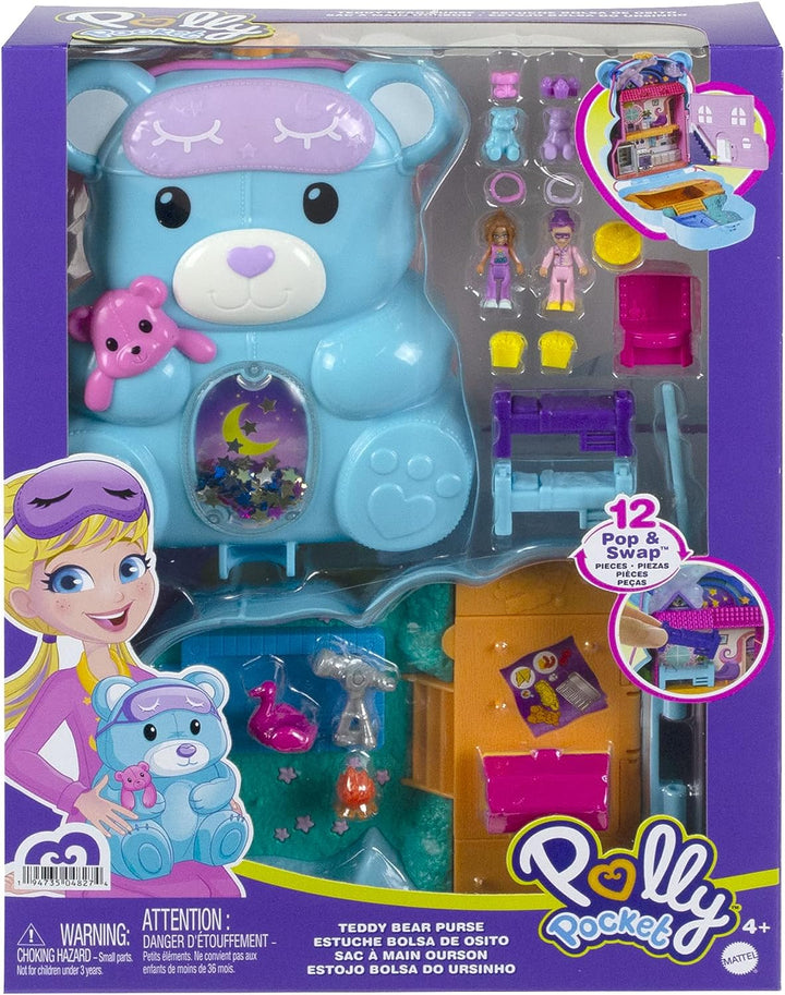 Polly Pocket Teddybär-Geldbörse, kompakt, 2 Mikropuppen, 16 Zubehörteile, Pop &amp; Swap