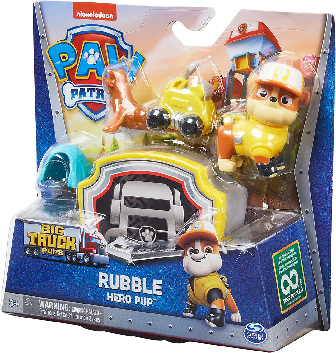 PAW Patrol, Big Truck Pups Rubble-Actionfigur mit ansteckbarer Rettungsdrohne