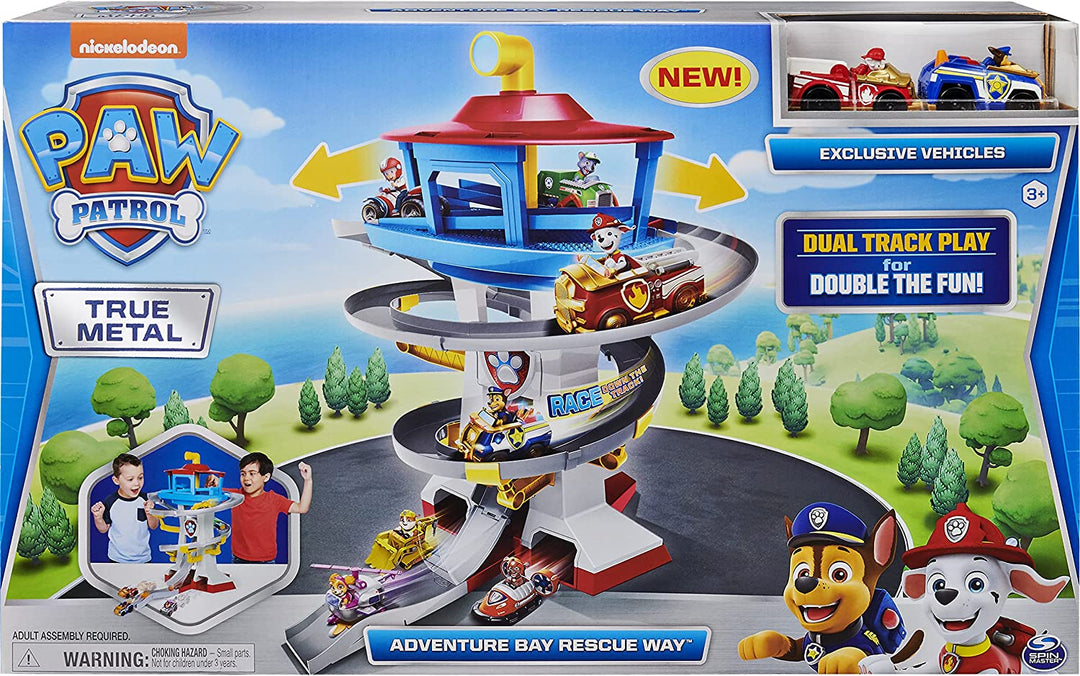 PAW Patrol True Metal Adventure Bay Rescue Way Spielset mit 2 exklusiven Fahrzeugen, Maßstab 1:55