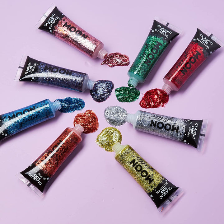 Klassisches feines Glitzergel für Gesicht und Körper von Moon Glitter – Gold – kosmetische Festival-Glitzer-Gesichtsfarbe für Gesicht, Körper, Haare, Nägel – 12 ml
