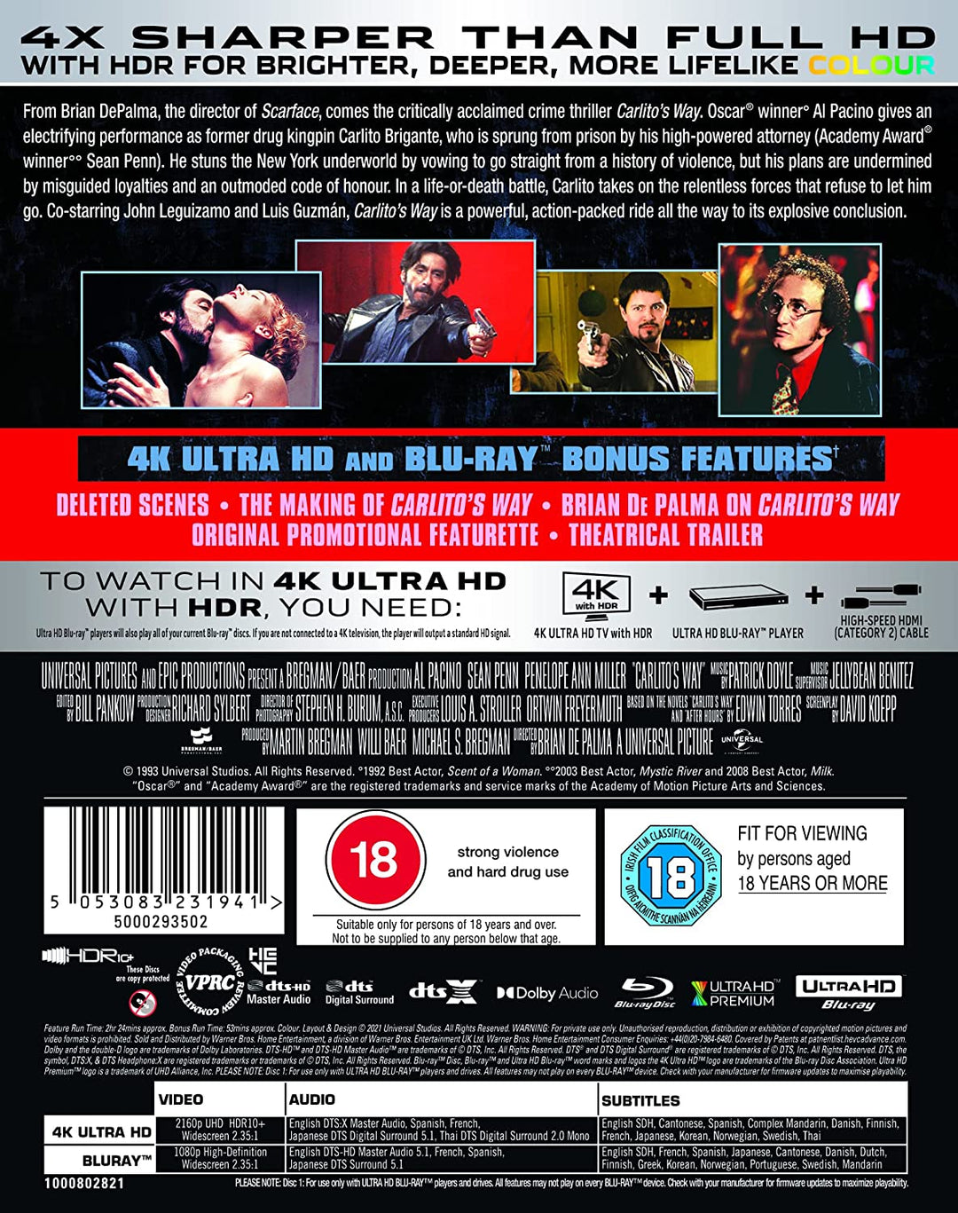 Carlito's Way [4K Ultra HD] [1993] [Region Free] – Krimi/Drama [Blu-ray]