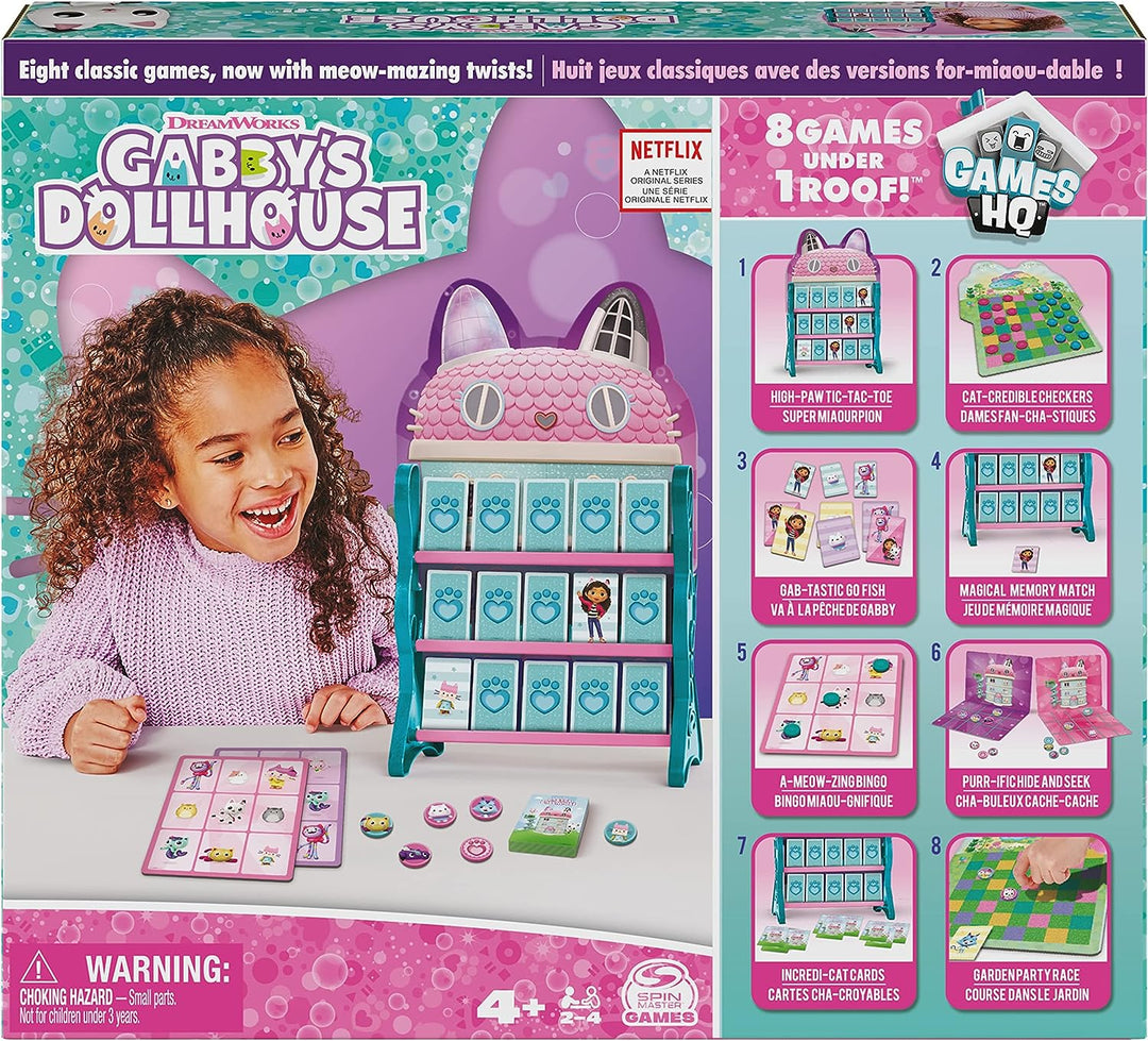 Gabby’s Dollhouse, Games HQ Checkers Tic Tac Toe Memory Match Go Fish Bingo Cards