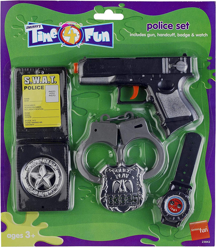 Smiffys Polizei-Set mit Waffenhandschellenabzeichen und Uhr