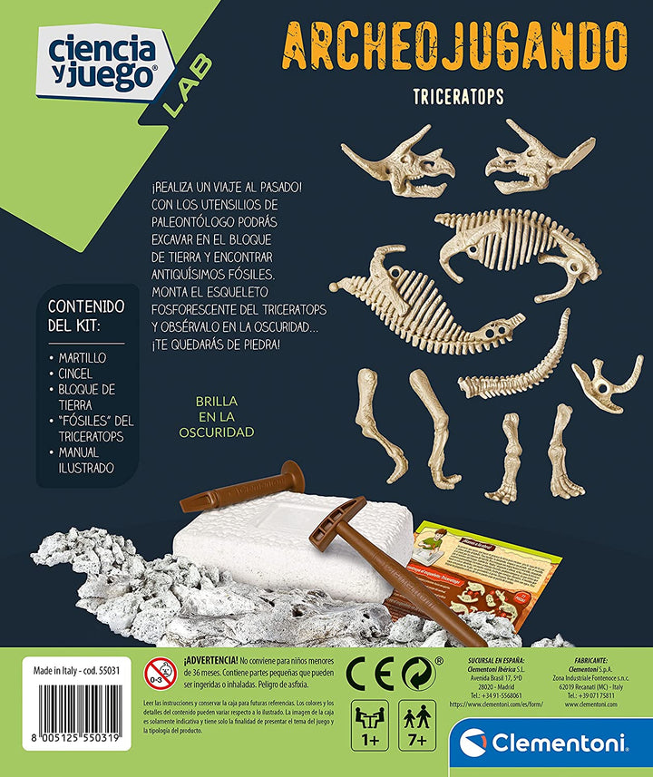 Clementoni -55031 – Arqueojugando Triceratops Phosphorescent – ​​Wissenschaftsspiel zum Graben und Reiten auf Dinosauriern ab 7 Jahren