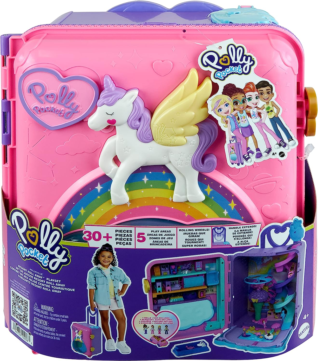 Polly Pocket Pollyville Resort Roll Away Playset - 4 Dolls, 1 Vehicle, 25+ Accessories, Ages 4-10