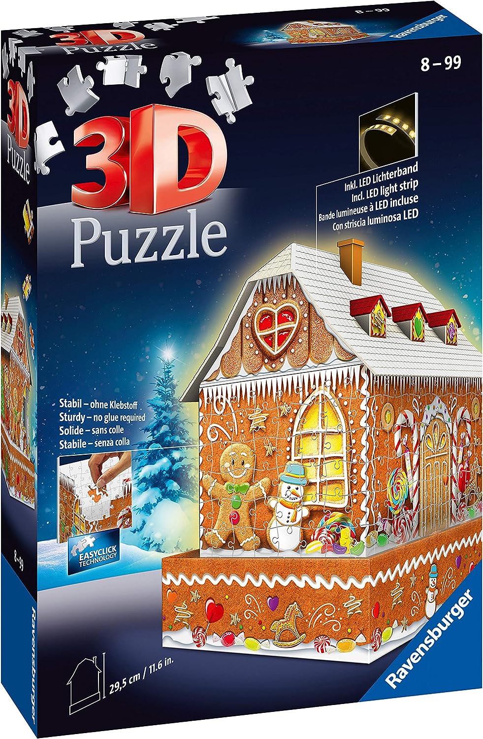 Ravensburger Weihnachts-Lebkuchenhaus, 216-teiliges 3D-Puzzle für Erwachsene und Kinder ab 8 Jahren – Nachtausgabe mit LED-Beleuchtung