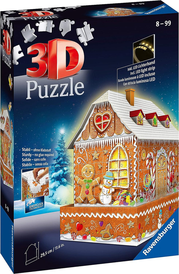 Ravensburger Weihnachts-Lebkuchenhaus, 216-teiliges 3D-Puzzle für Erwachsene und Kinder ab 8 Jahren – Nachtausgabe mit LED-Beleuchtung