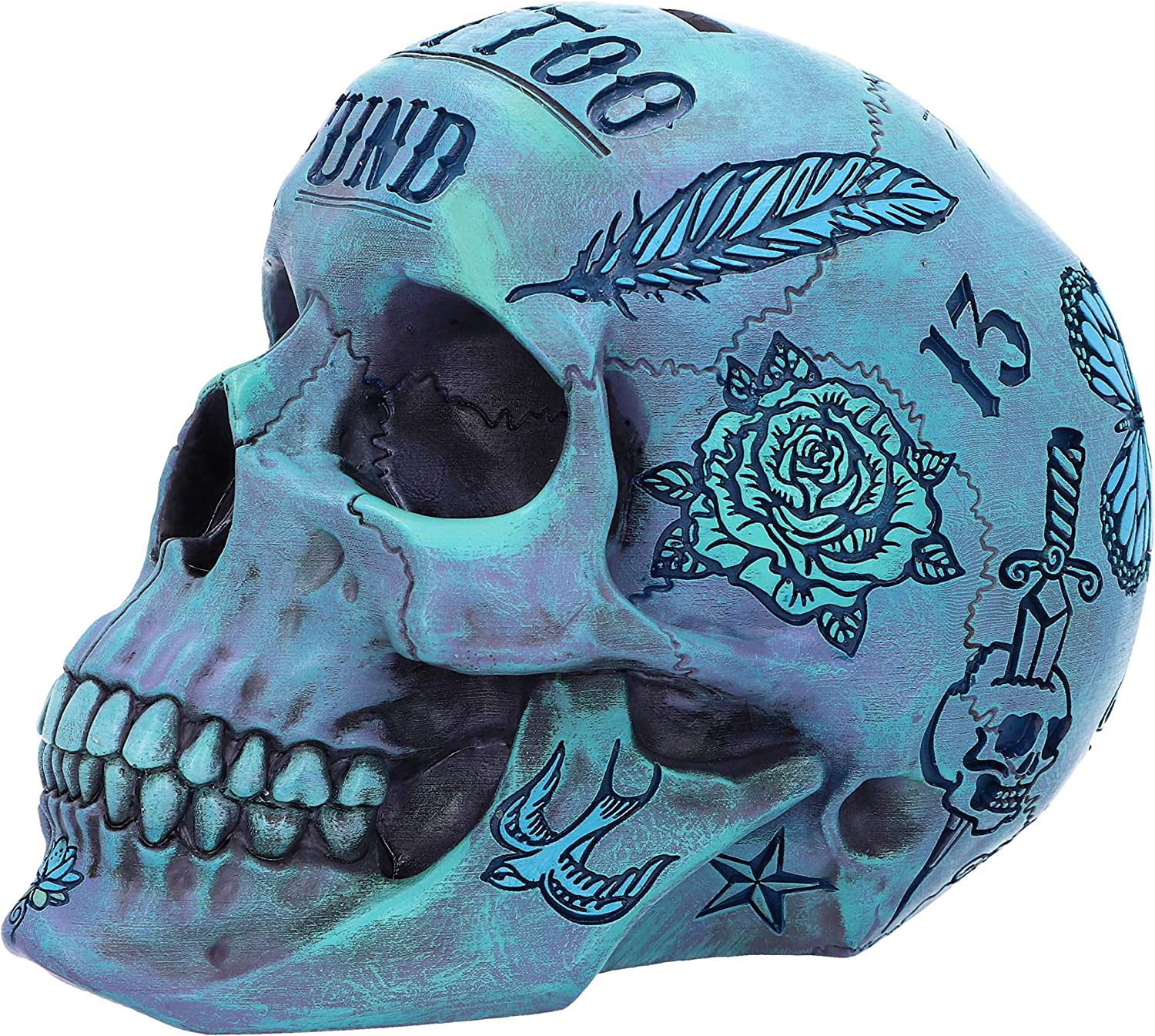 Nemesis Now Aqua Blue Traditional Tribal Tattoo Fund Skull - Polyresin Money Box 4