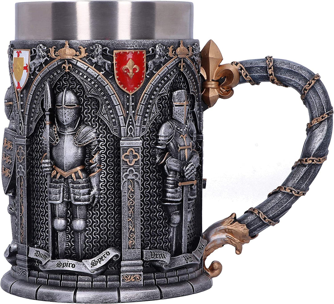 Nemesis Now B5167R0 Vow Englischer gepanzerter Ritter-Krug mit lateinischem Eid, Silber, 15.3