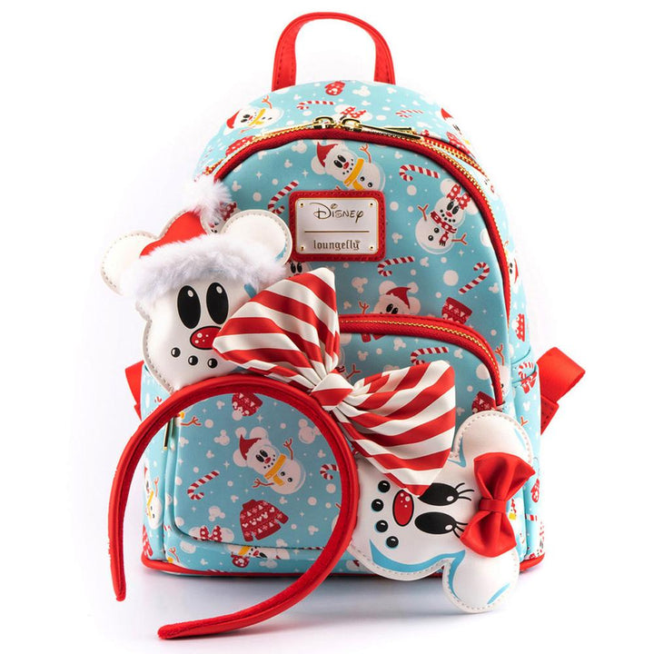 Loungefly Disney Christmas Mickey und Minnie Schneemann AOP Mini-Rucksack und Stirnband-Set
